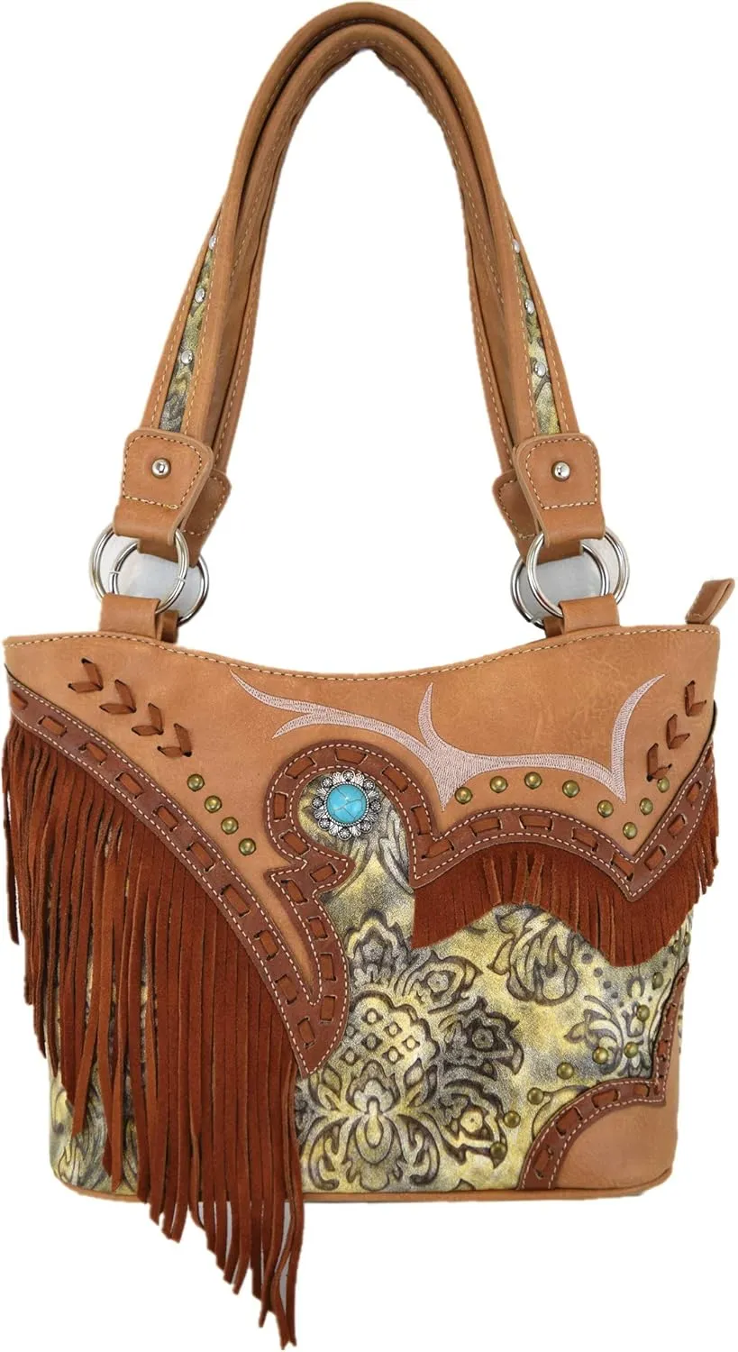 Western Style Fringe Conchos Gem Rhinestone Studded Woven Leather Purse Country Handbag Women Shoulder Bag Wallet Set
