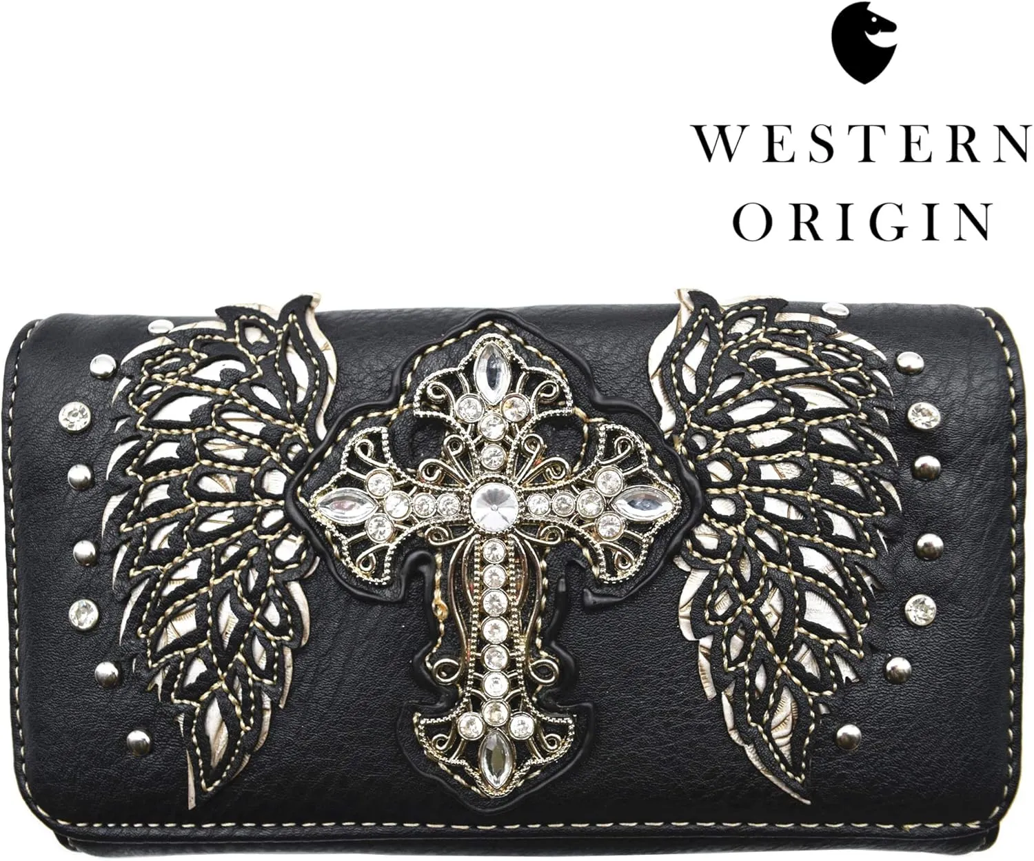 Western Style Rhinestone Cross Studded Laser Cut Wings Tooled Leather Purse Women Handbags Country Shoulder Bag Wallet Set