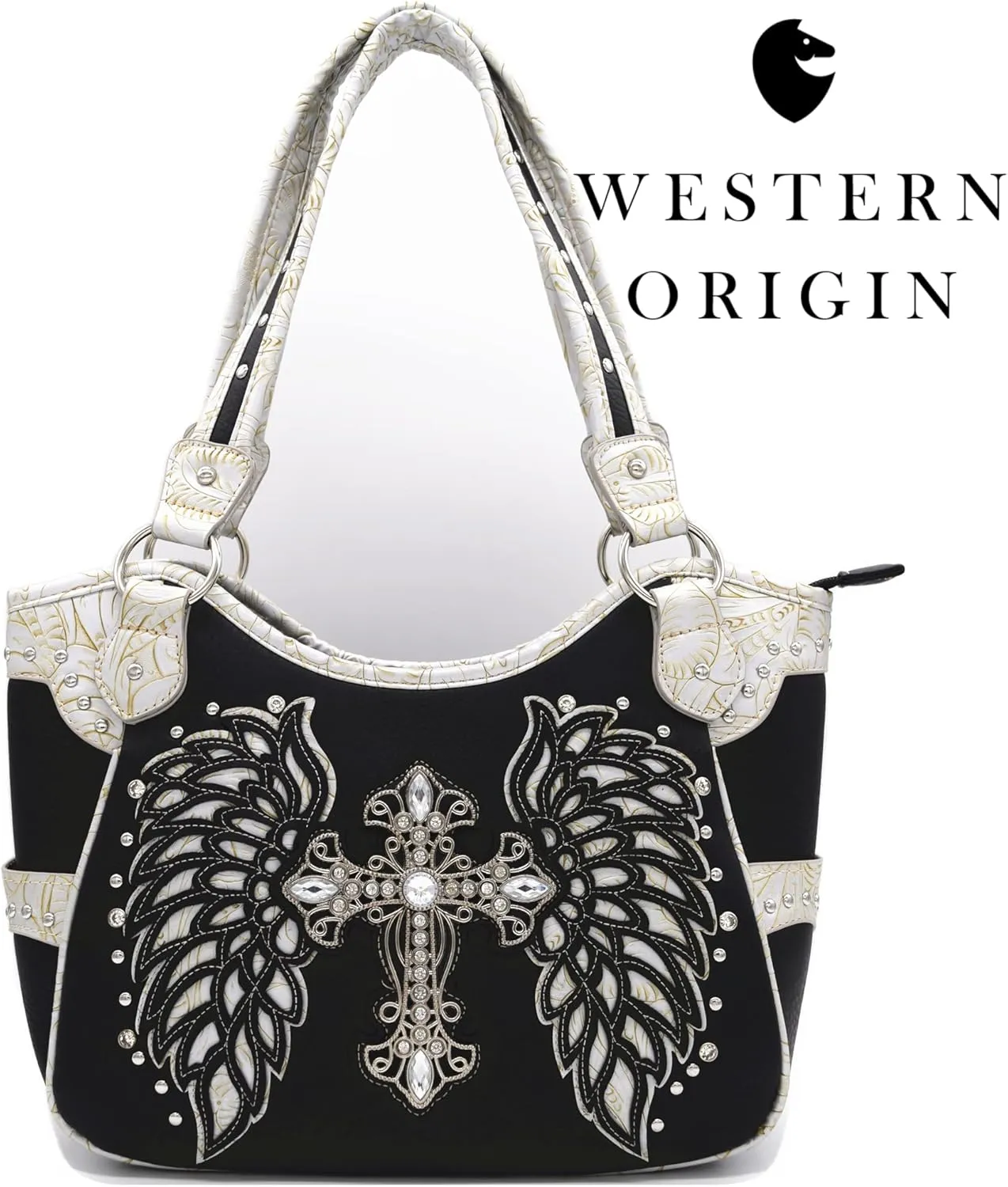 Western Style Rhinestone Cross Studded Laser Cut Wings Tooled Leather Purse Women Handbags Country Shoulder Bag Wallet Set