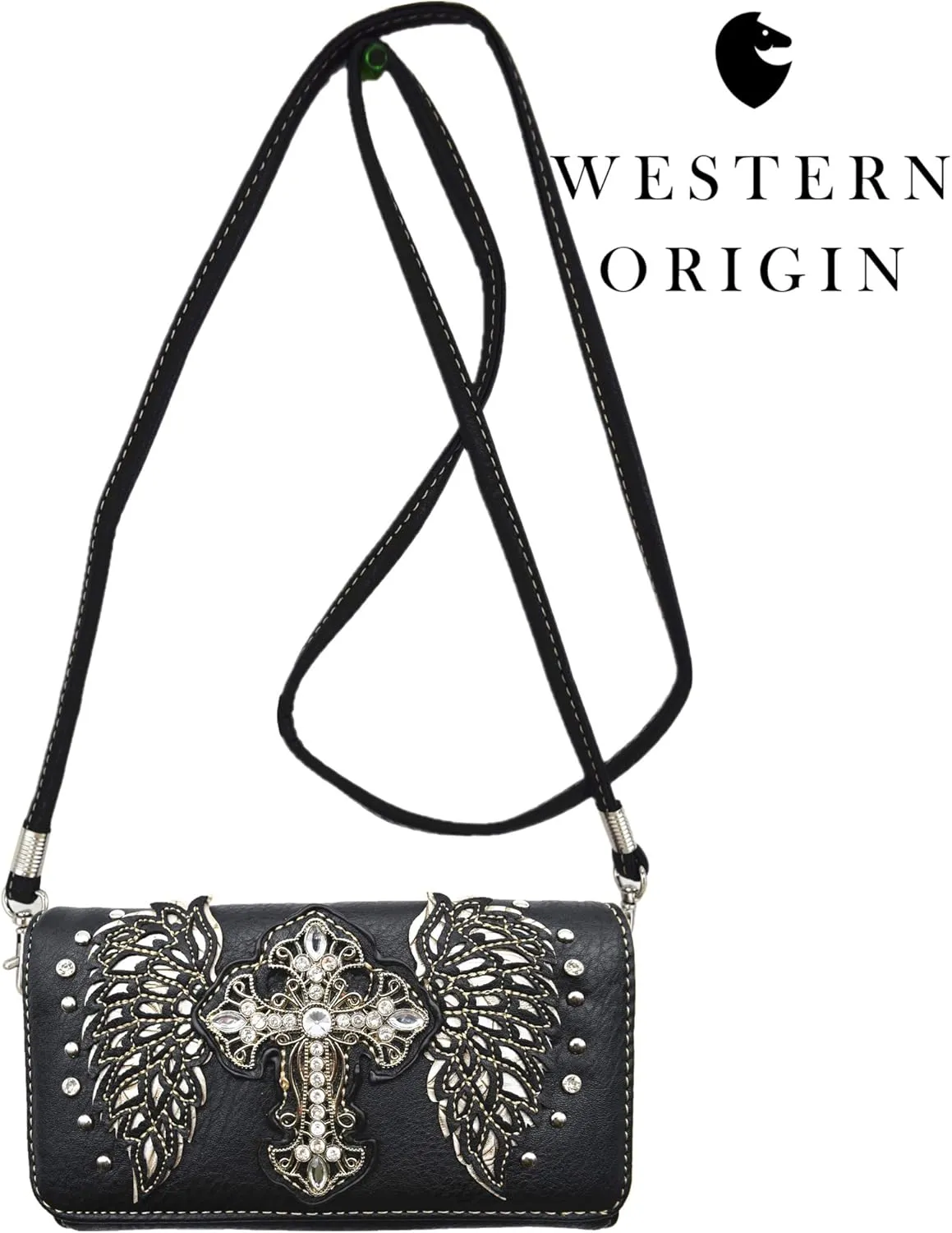 Western Style Rhinestone Cross Studded Laser Cut Wings Tooled Leather Purse Women Handbags Country Shoulder Bag Wallet Set
