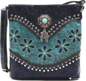 Western Style Tooled Leather Feather Crossbody Handbags Clutch Purse Women Country Everyday Shoulder Bag