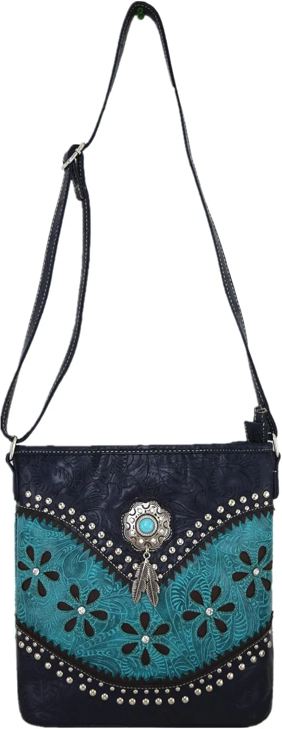 Western Style Tooled Leather Feather Crossbody Handbags Clutch Purse Women Country Everyday Shoulder Bag