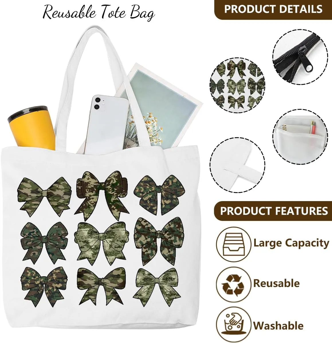 Wetern Bow Mom Gifts Canvas Tote Bag Makeup Bag, Western Gifts for Women Cowgirl Birthday Grocery Cosmetic Bags