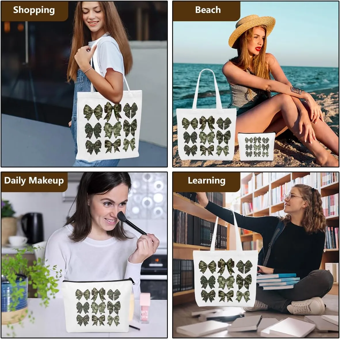 Wetern Bow Mom Gifts Canvas Tote Bag Makeup Bag, Western Gifts for Women Cowgirl Birthday Grocery Cosmetic Bags