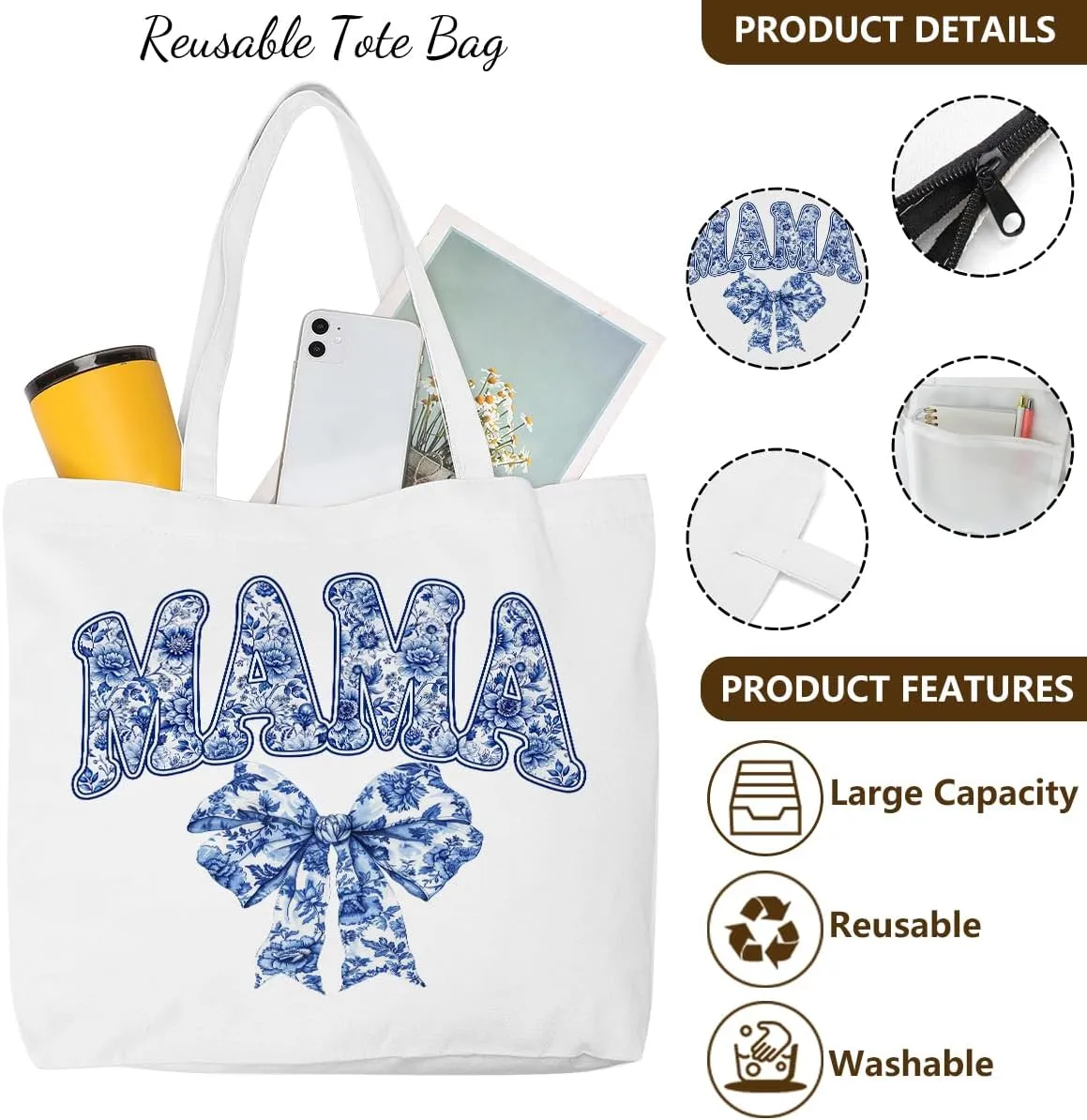 Wetern Bow Mom Gifts Canvas Tote Bag Makeup Bag, Western Gifts for Women Cowgirl Birthday Grocery Cosmetic Bags