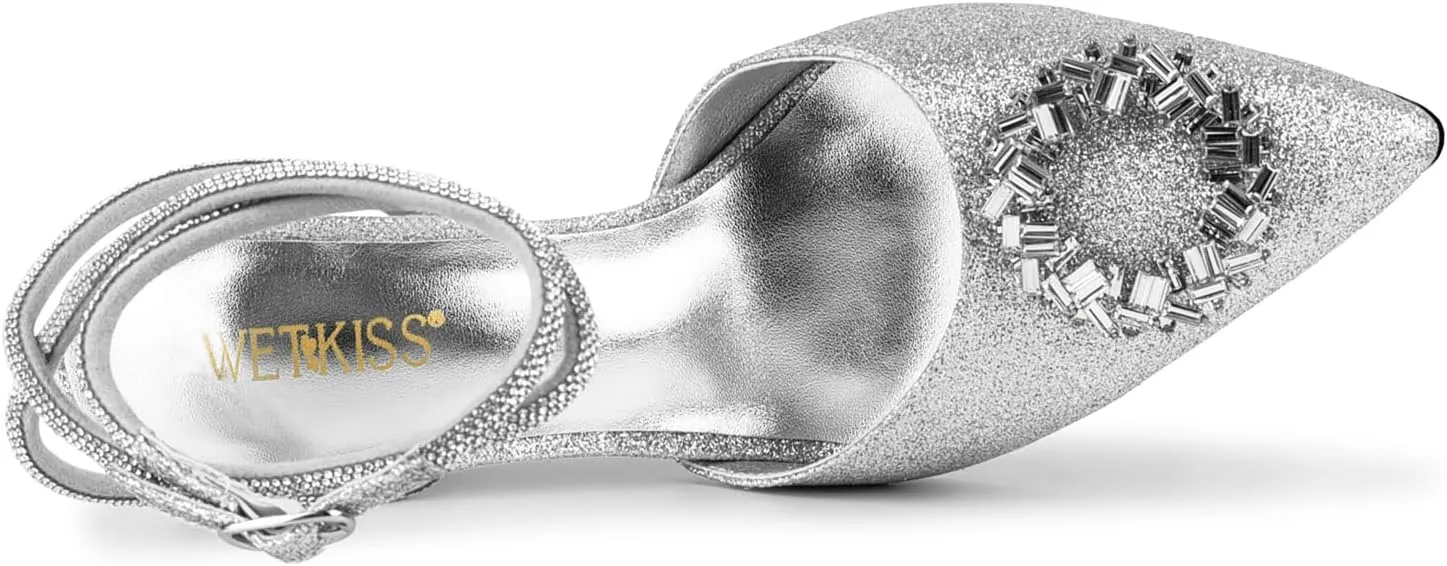 wetkiss Silver Heels for Bride - Sparkly Wedding Heels with Rhinestones, Strappy Closed Toe Pumps for Women, Formal Shoes
