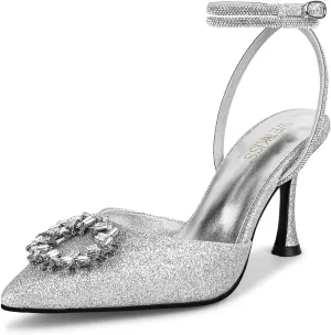 wetkiss Silver Heels for Bride - Sparkly Wedding Heels with Rhinestones, Strappy Closed Toe Pumps for Women, Formal Shoes
