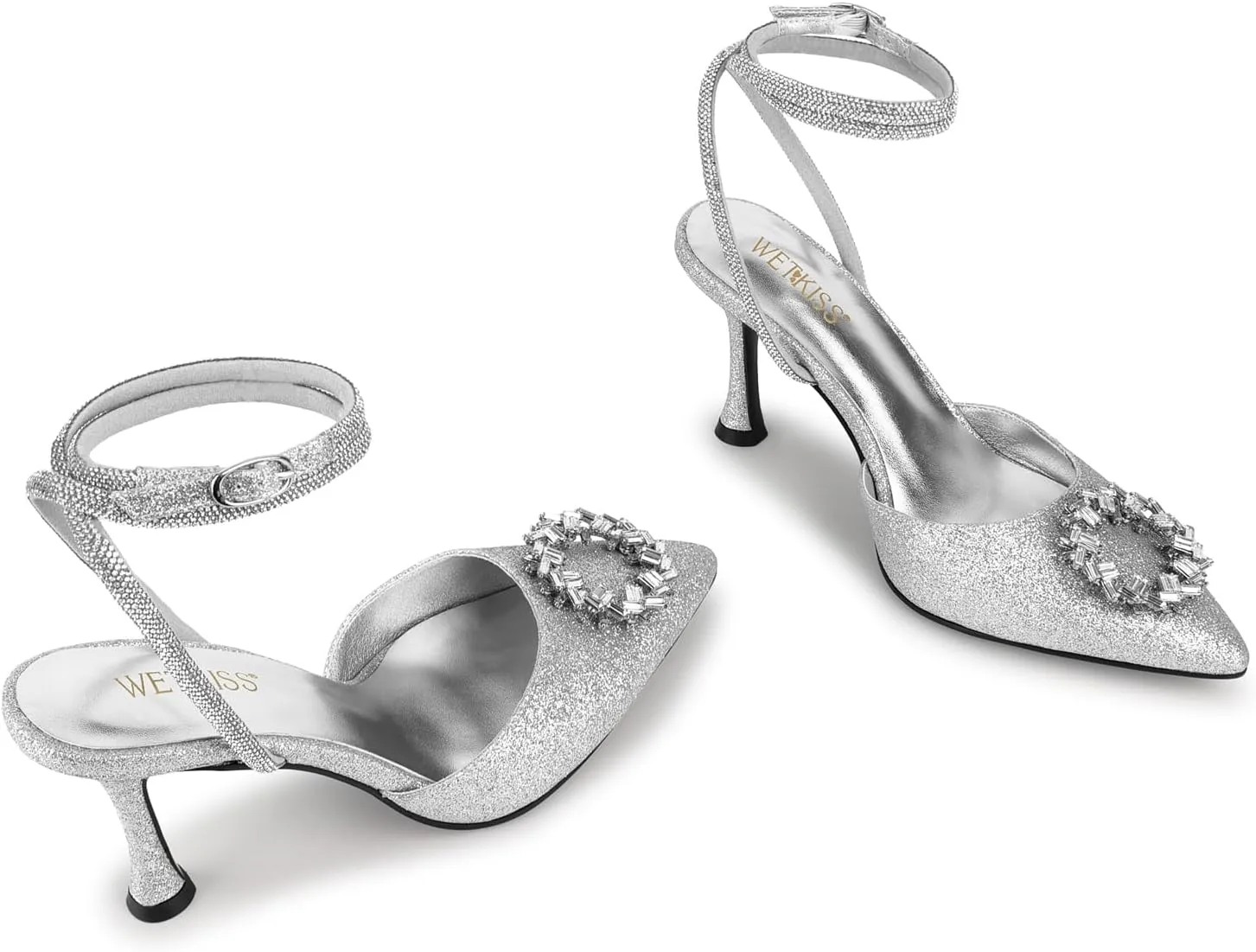 wetkiss Silver Heels for Bride - Sparkly Wedding Heels with Rhinestones, Strappy Closed Toe Pumps for Women, Formal Shoes