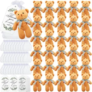 Wettarn 30 Sets Bear Baby Shower Favors Small Bears Bulk Tiny Plush Bears 4.72 Inch Little Bears with Thank You Tags and Mesh Bags Mini Stuffed Animals for DIY Keychain Birthday Decorations(Brown)