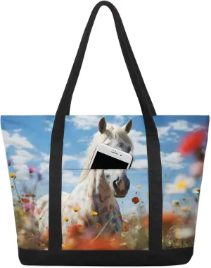 White Horses Flower Fields Canvas Tote Bag Spacious Laptop Work Tote with Zippered Pockets Stylish Reusable Shopping Bag for Women Men Commuter Bag for Office Travel Daily