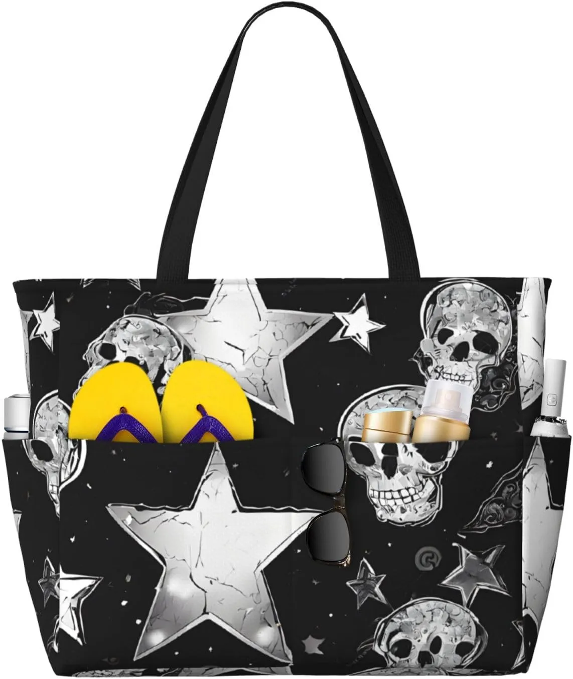 (White Punk Skull) Large Beach Tote Bag For Women With Zipper Foldable Lightweight Travel Pool Bag For Vacation Shopping