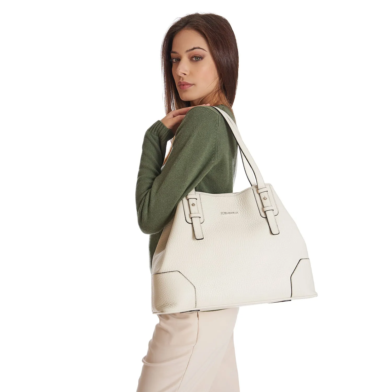 WHITE TEXTURED LEATHER TOTE BAG