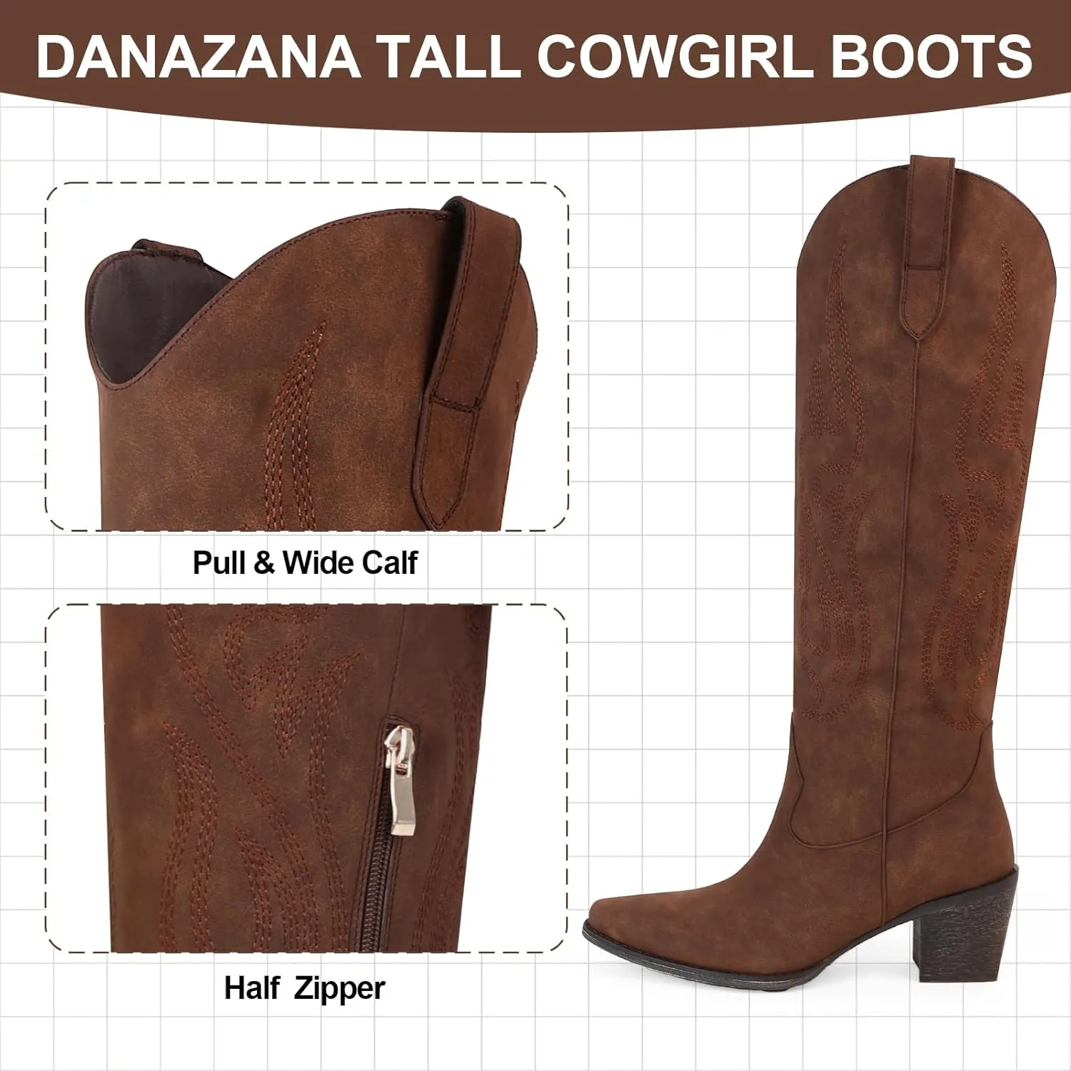 Wide Calf Cowgirl Boots For Women Knee High Cowboy Boots Pointed Toe Chunky Heel Boot Ladies Western Boots With Classic Embroidery and Side Zipper Classic Retro Country Boots For Lady Size 6-11