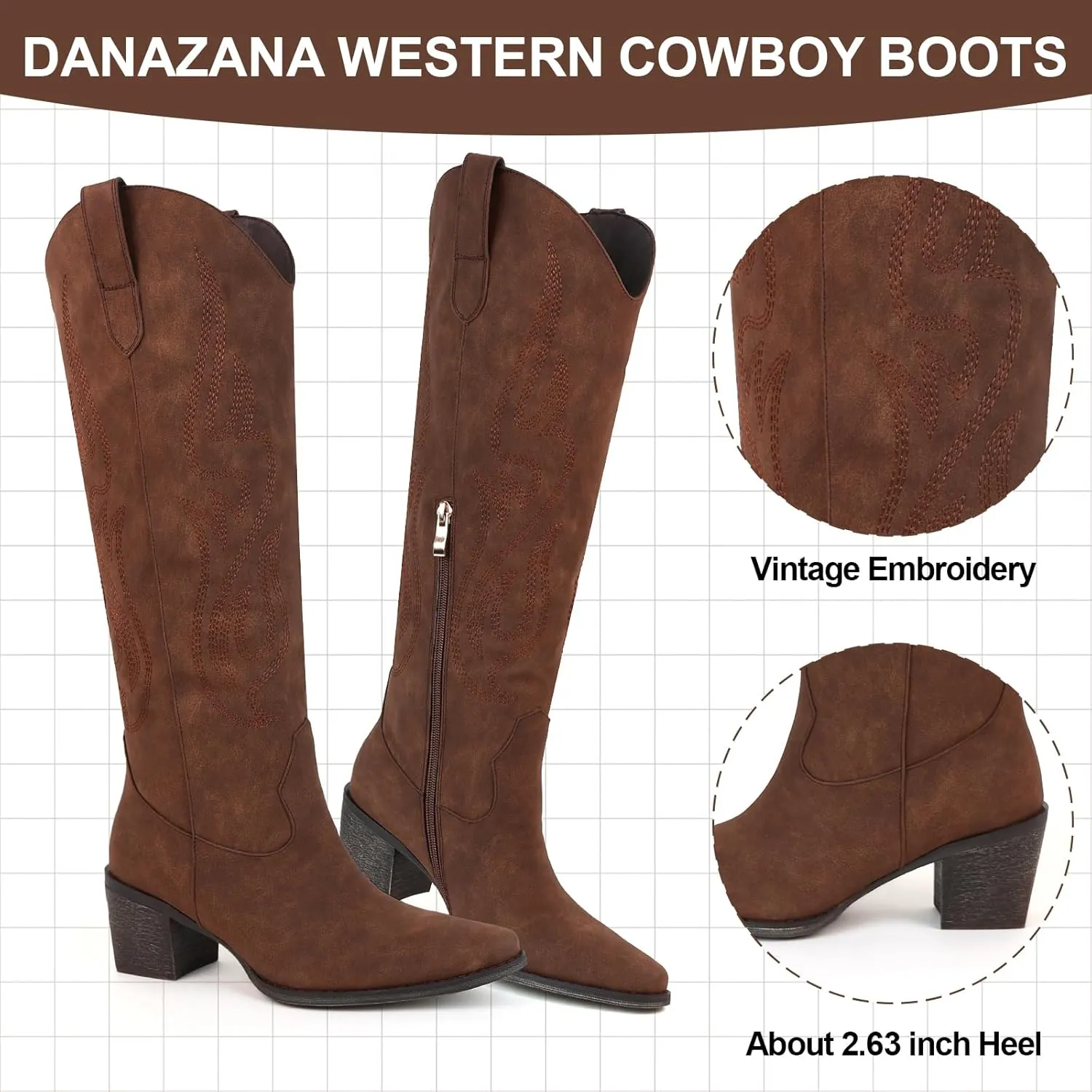 Wide Calf Cowgirl Boots For Women Knee High Cowboy Boots Pointed Toe Chunky Heel Boot Ladies Western Boots With Classic Embroidery and Side Zipper Classic Retro Country Boots For Lady Size 6-11