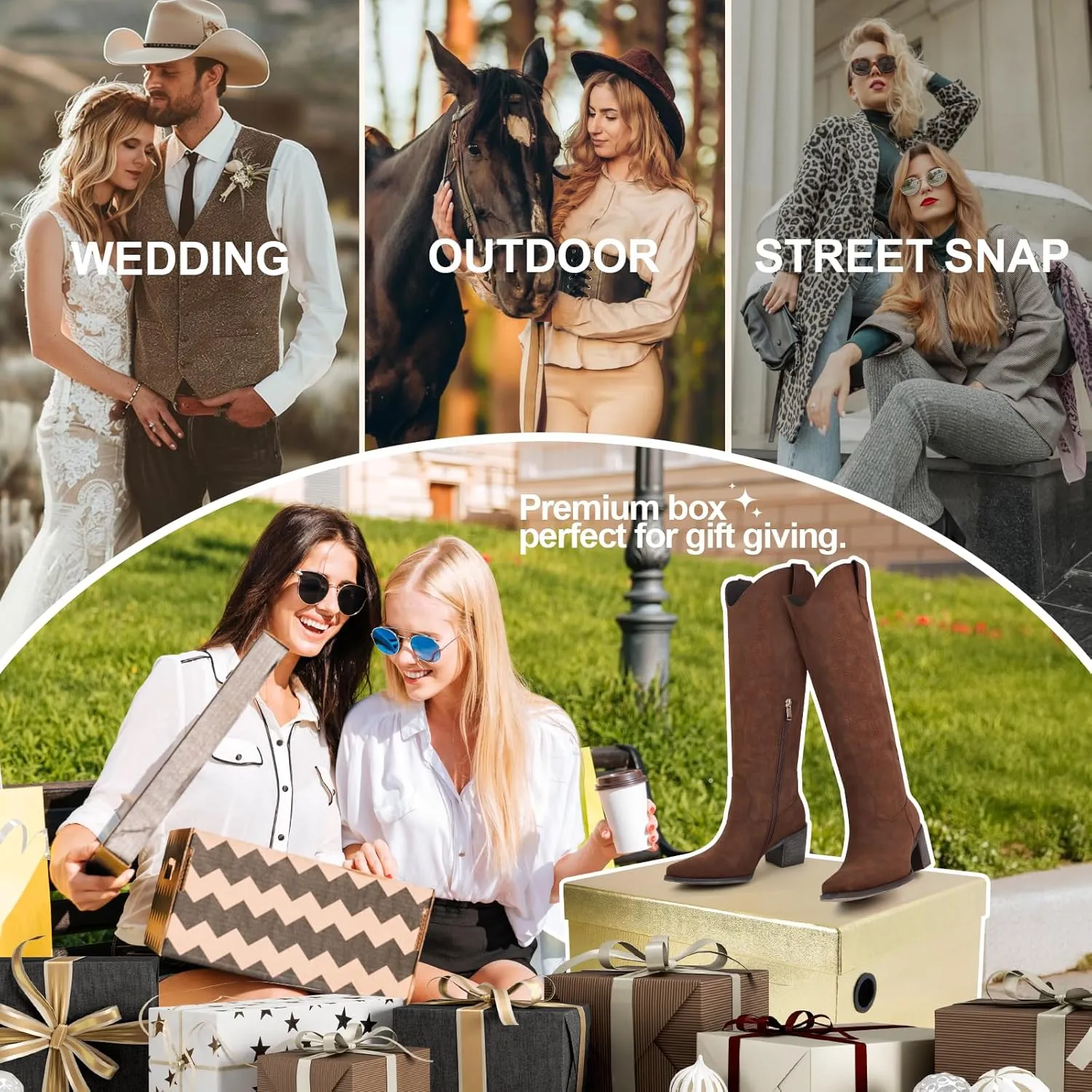 Wide Calf Cowgirl Boots For Women Knee High Cowboy Boots Pointed Toe Chunky Heel Boot Ladies Western Boots With Classic Embroidery and Side Zipper Classic Retro Country Boots For Lady Size 6-11