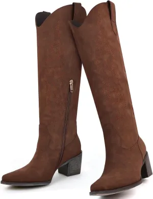 Wide Calf Cowgirl Boots For Women Knee High Cowboy Boots Pointed Toe Chunky Heel Boot Ladies Western Boots With Classic Embroidery and Side Zipper Classic Retro Country Boots For Lady Size 6-11
