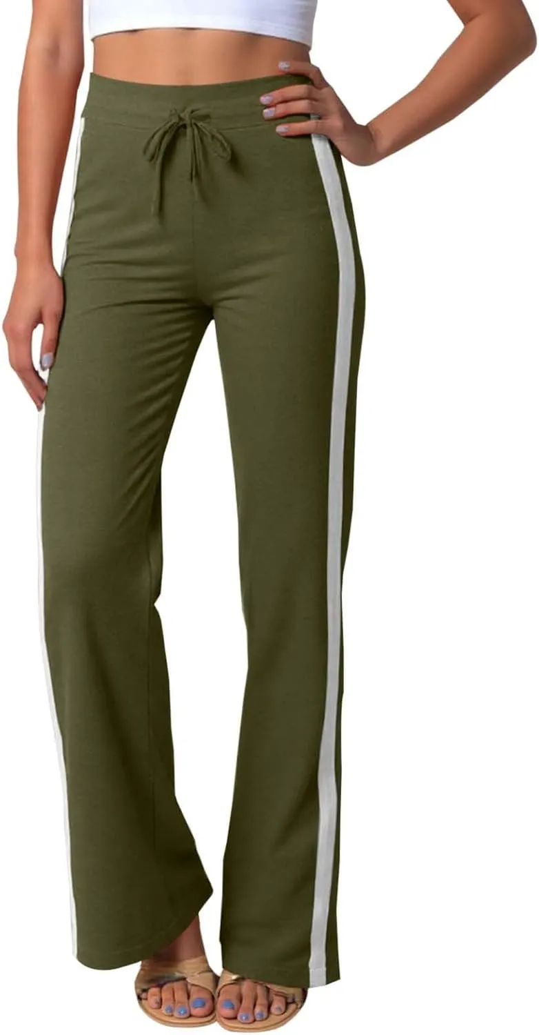 Wide Leg Yoga Pants for Women Striped Elastic High Waisted Casual Trousers Plus Size Pull On Athletic Workout Sweatpants