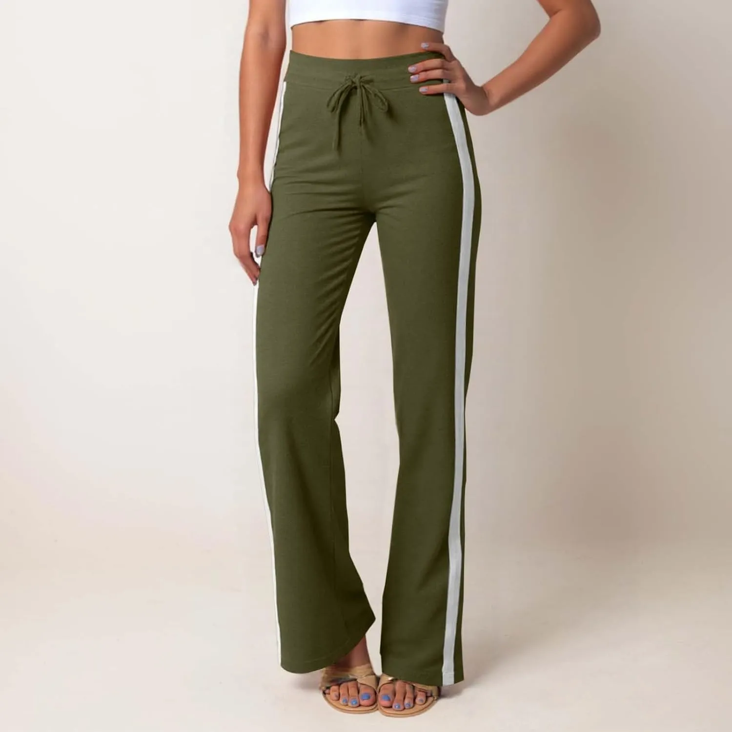 Wide Leg Yoga Pants for Women Striped Elastic High Waisted Casual Trousers Plus Size Pull On Athletic Workout Sweatpants