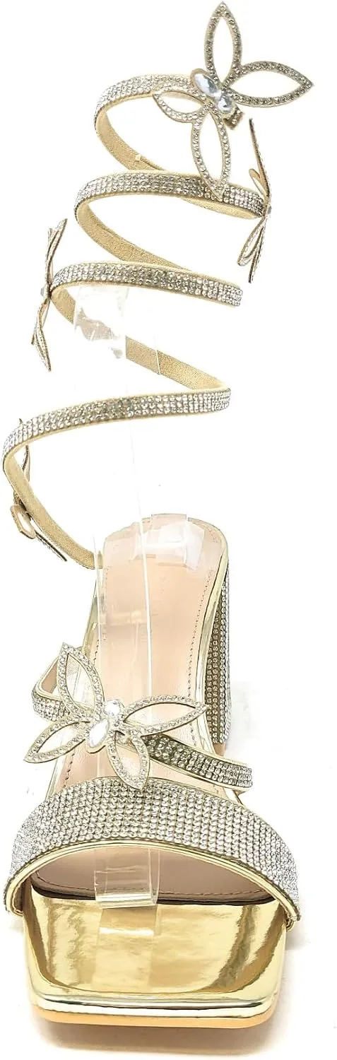 Wild Diva Women's Adams-07 Embellished Rhinestone Butterfly Spiral Coil Wrap Around Chunky Heels