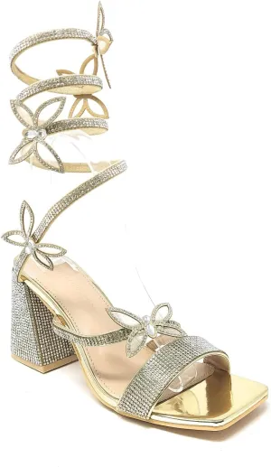 Wild Diva Women's Adams-07 Embellished Rhinestone Butterfly Spiral Coil Wrap Around Chunky Heels