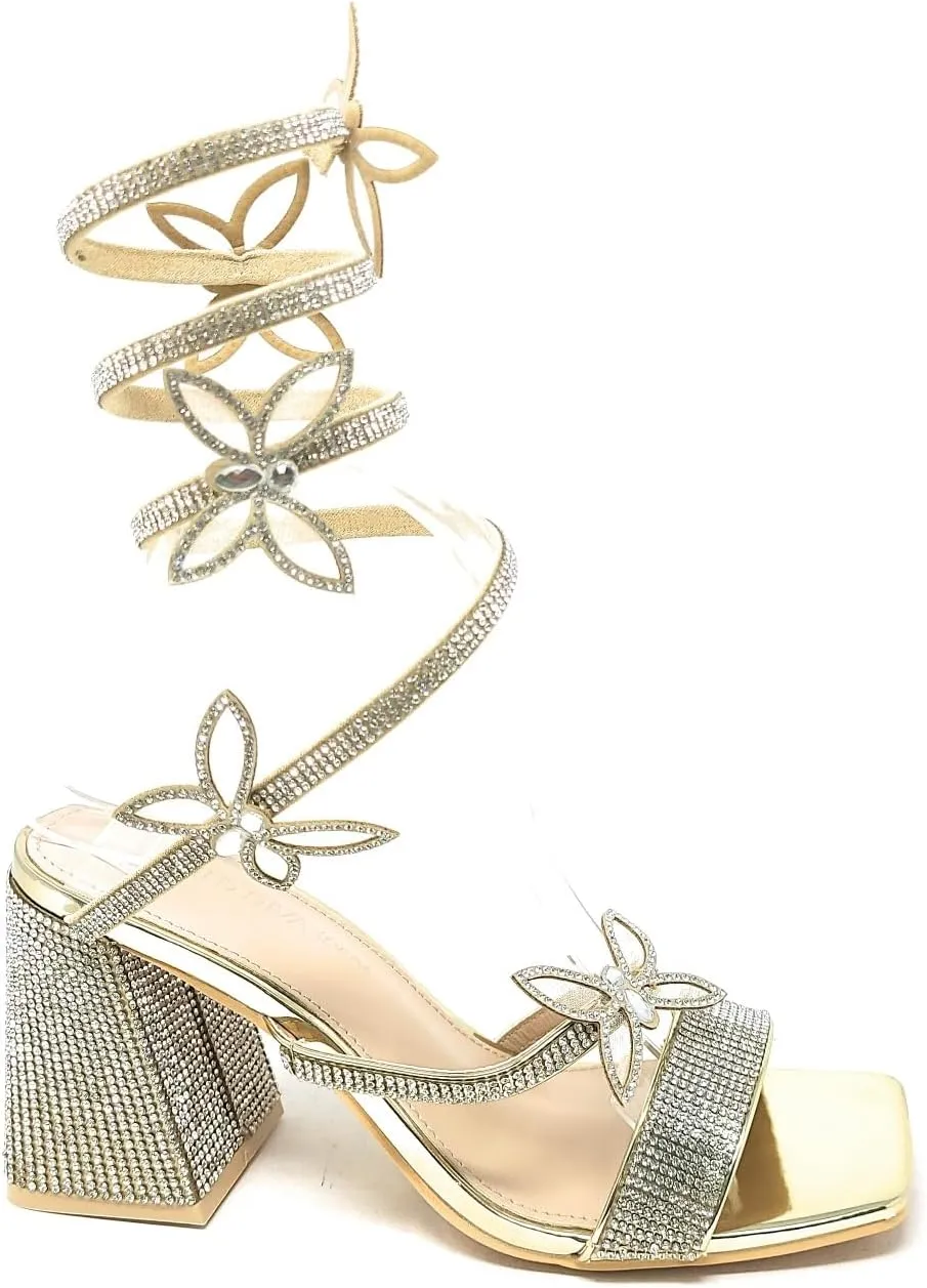 Wild Diva Women's Adams-07 Embellished Rhinestone Butterfly Spiral Coil Wrap Around Chunky Heels