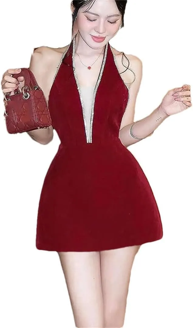 Woman Sexy Solid Backless Mini Dress Clothing Elegant Deep Prom Dress