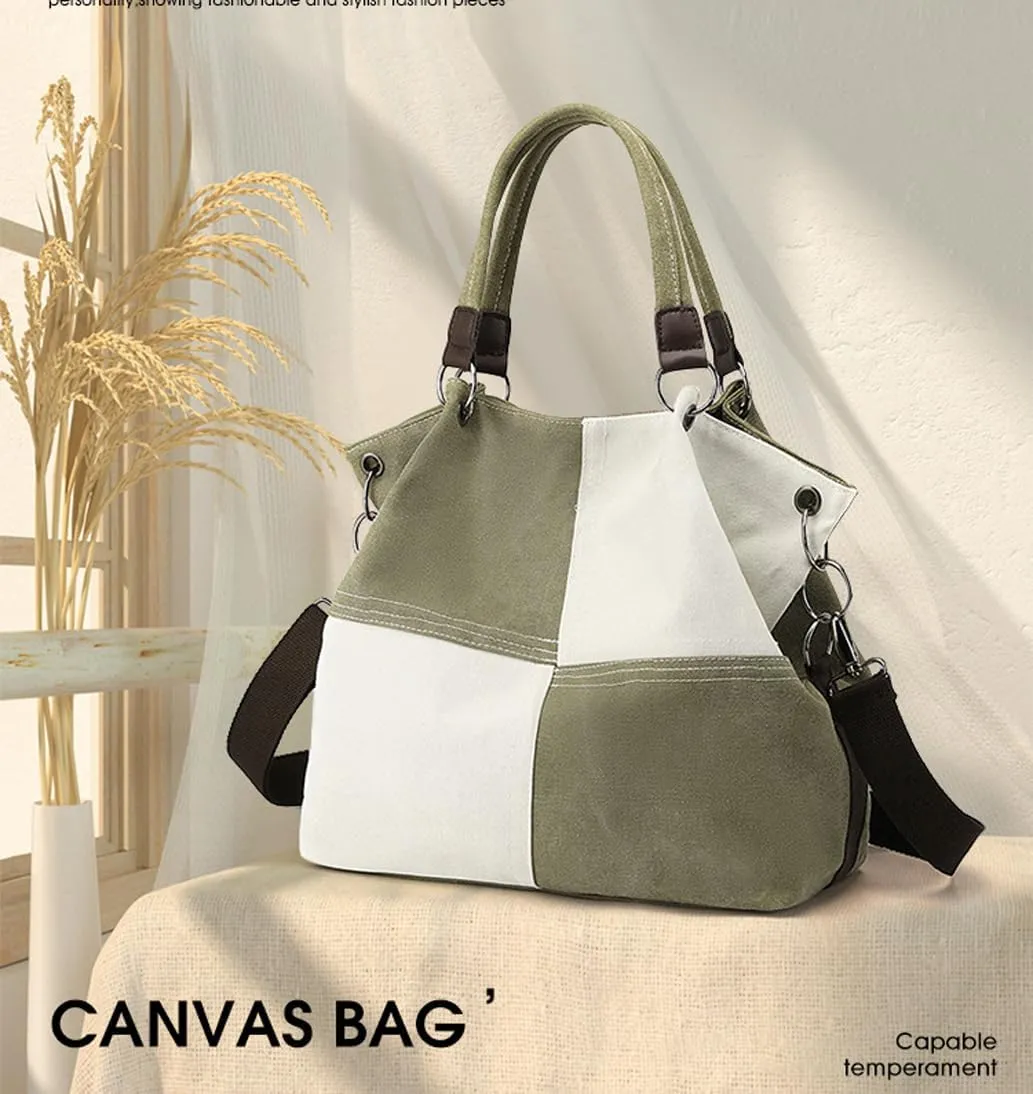 Women Canvas Tote Handbags Contrast Color Casual Shoulder Work Bag Splice Stitching Top Handle Bag Handbags Purses