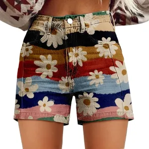 Women Denim Shorts Vintage Boho Floral Print Denim Jeans Casual High Waist Slim Bermuda Short Retro Y2K Streetwear