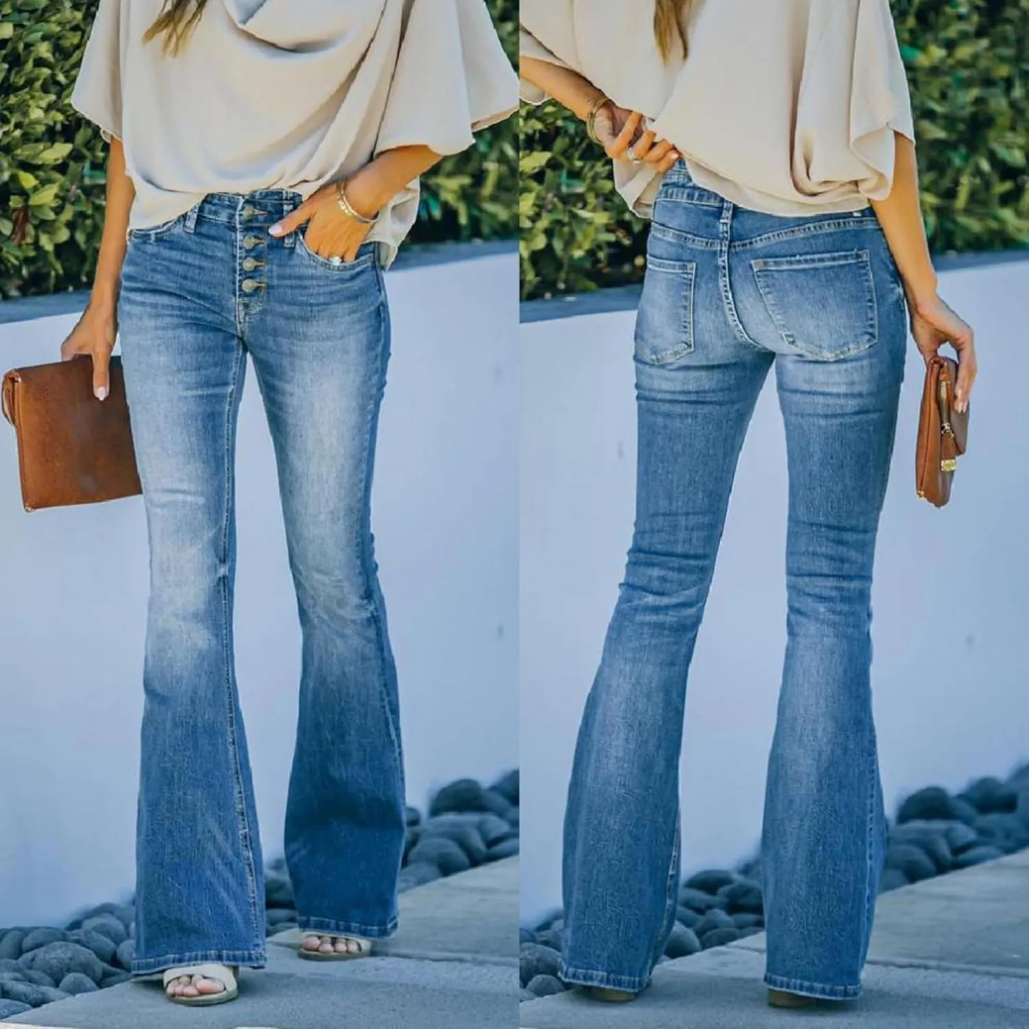 Women Flare Bell Bottom Jeans 70s Sexy Slim Fit Boot Cut Jean Retro Classic Slimming Wide Leg Denim Pants (BlueB1,X-Large)