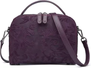 Women Genuine Leather Messenger Crossbody Handbag Design Embossed Floral Pattern Sling Satchel Shoulder Bag