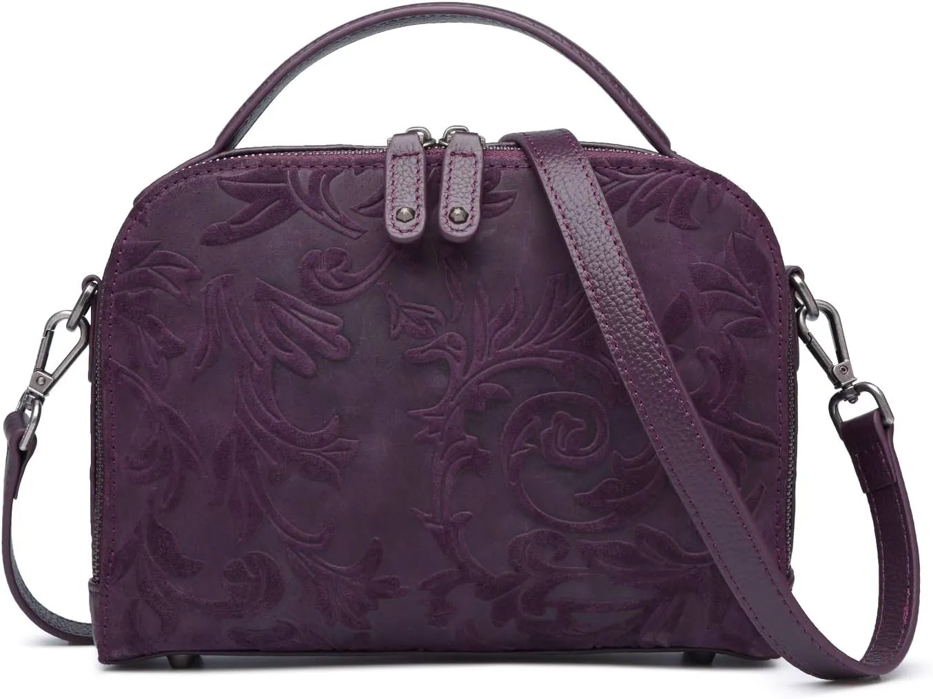 Women Genuine Leather Messenger Crossbody Handbag Design Embossed Floral Pattern Sling Satchel Shoulder Bag