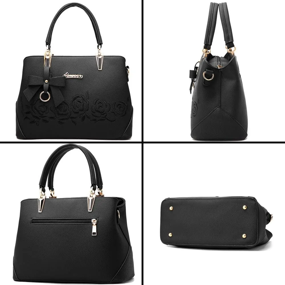 Women Handbag PU Leather Messenger Bags Top Handle Satchel Rose Embroidery Tote Bag