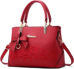 Women Handbag PU Leather Messenger Bags Top Handle Satchel Rose Embroidery Tote Bag
