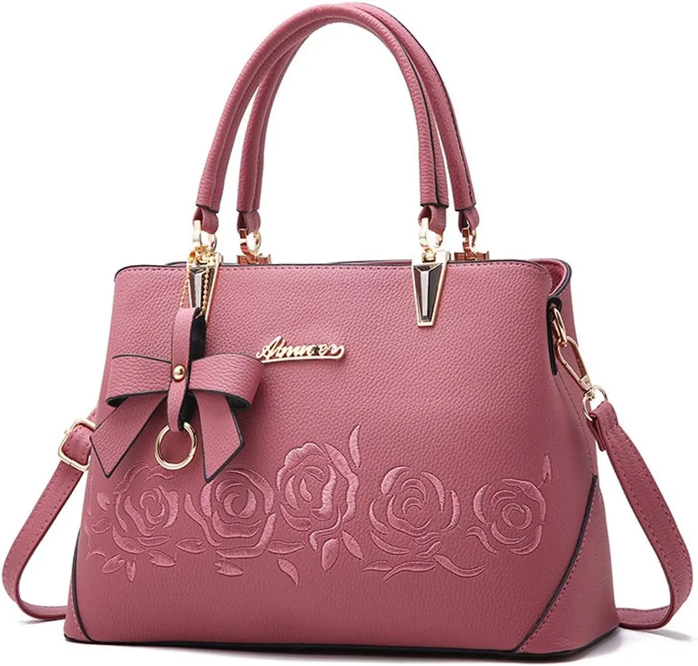 Women Handbag PU Leather Messenger Bags Top Handle Satchel Rose Embroidery Tote Bag