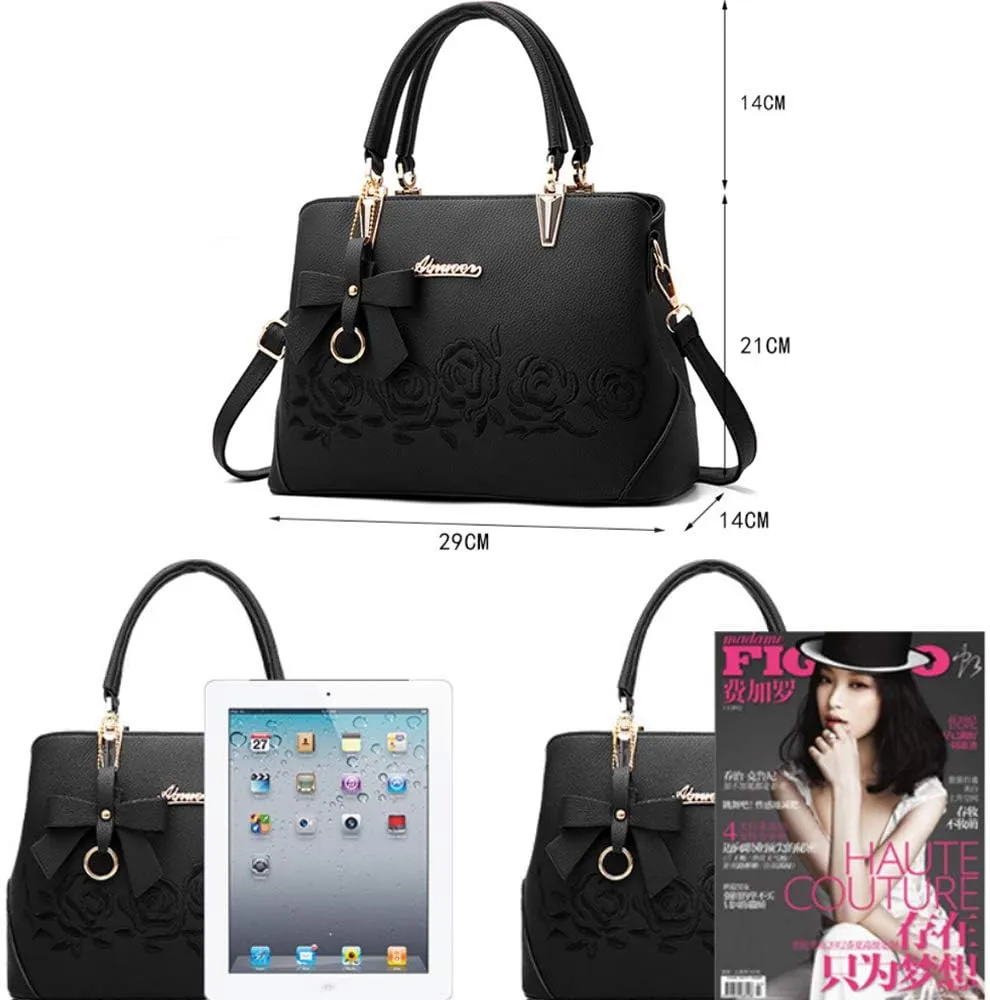 Women Handbag PU Leather Messenger Bags Top Handle Satchel Rose Embroidery Tote Bag