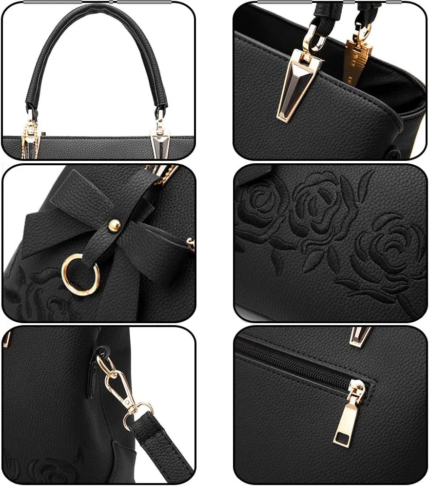 Women Handbag PU Leather Messenger Bags Top Handle Satchel Rose Embroidery Tote Bag
