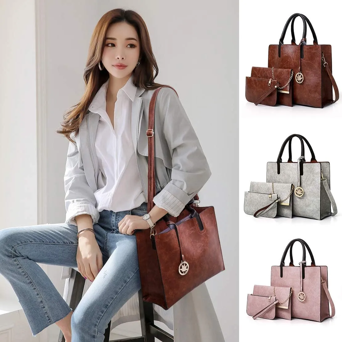 Women Handbags Sets 3 Pcs Large Capacity Handbag Chain Shoulder Bag Clutch Purse