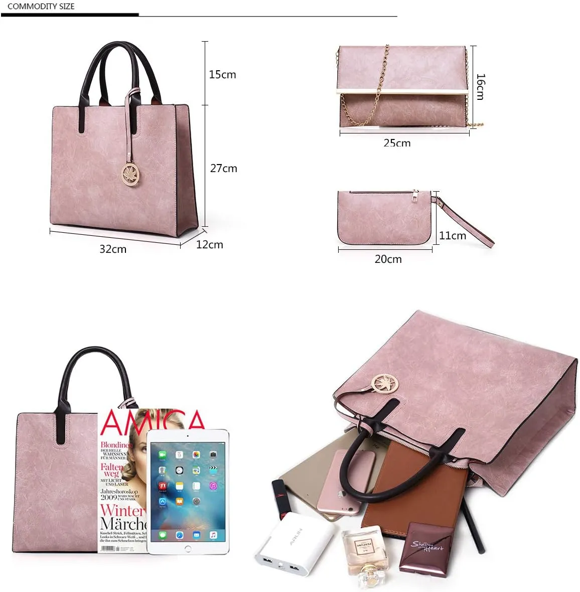 Women Handbags Sets 3 Pcs Large Capacity Handbag Chain Shoulder Bag Clutch Purse