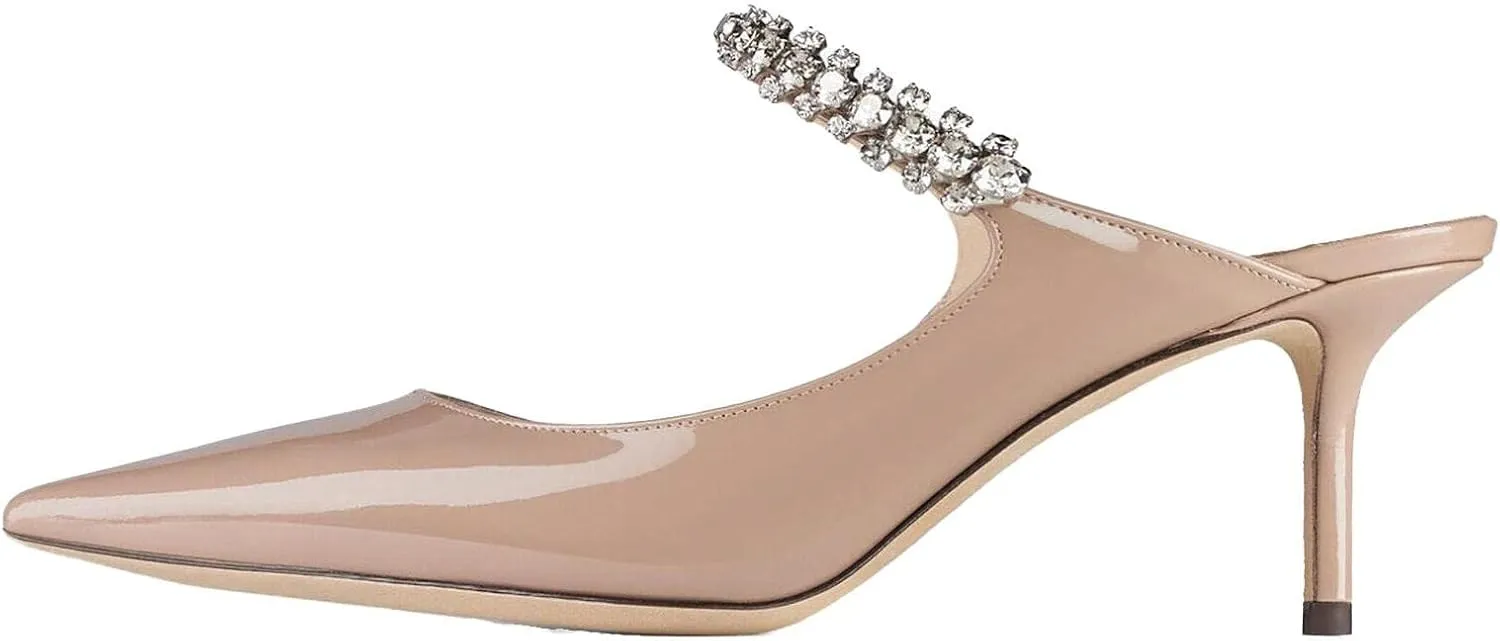Women High Heeled Mules Crystal Embellished Strap Mules Pointed Toe Stiletto Heels Patent Leather Bridal Wedding Party Dress Shoes 5-13US
