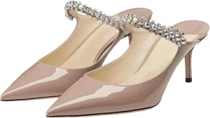 Women High Heeled Mules Crystal Embellished Strap Mules Pointed Toe Stiletto Heels Patent Leather Bridal Wedding Party Dress Shoes 5-13US