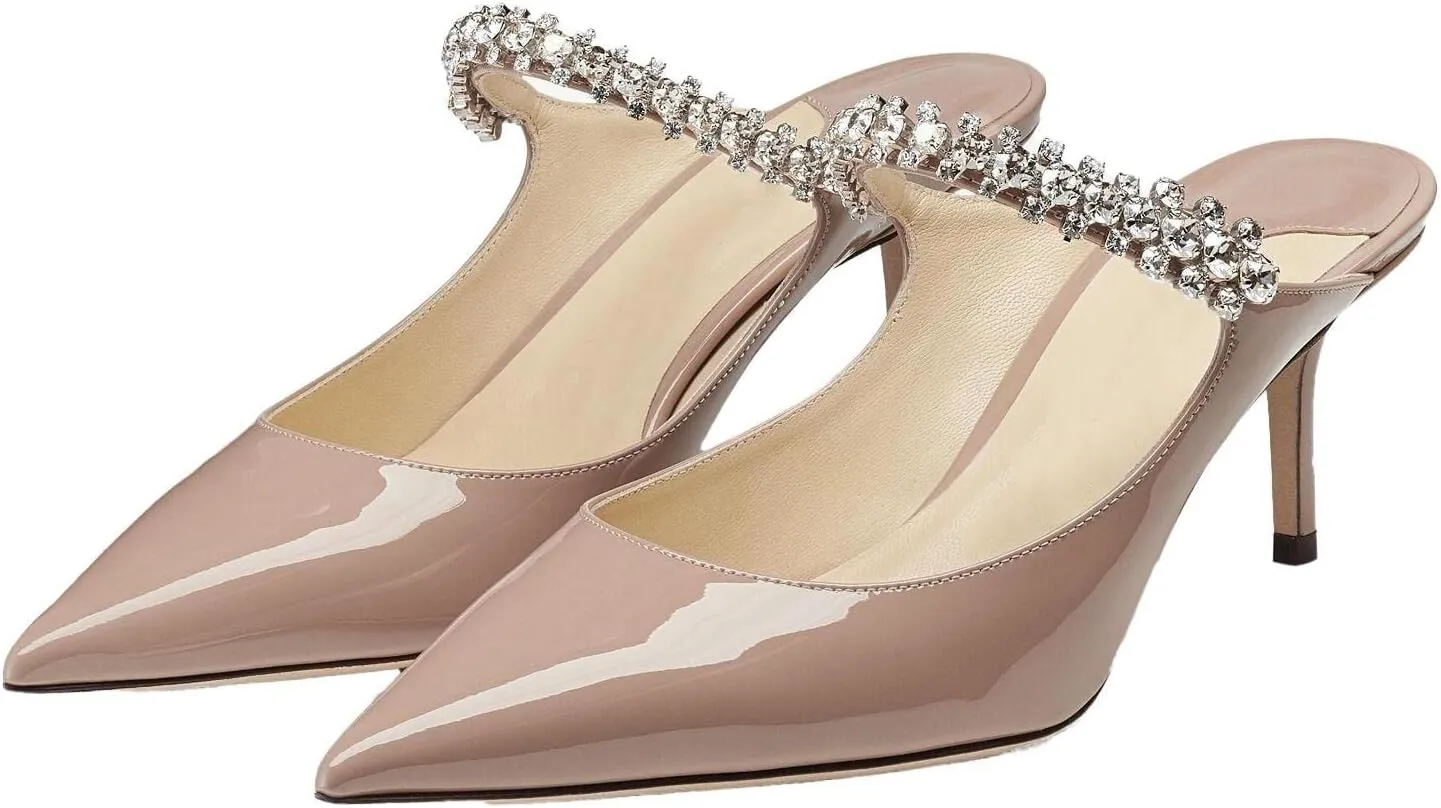 Women High Heeled Mules Crystal Embellished Strap Mules Pointed Toe Stiletto Heels Patent Leather Bridal Wedding Party Dress Shoes 5-13US