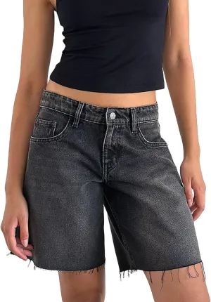 Women Long Baggy Jean Shorts Y2k Vintage Straight Leg Casual Knee Length Denim Bermuda Shorts Jorts with Pockets