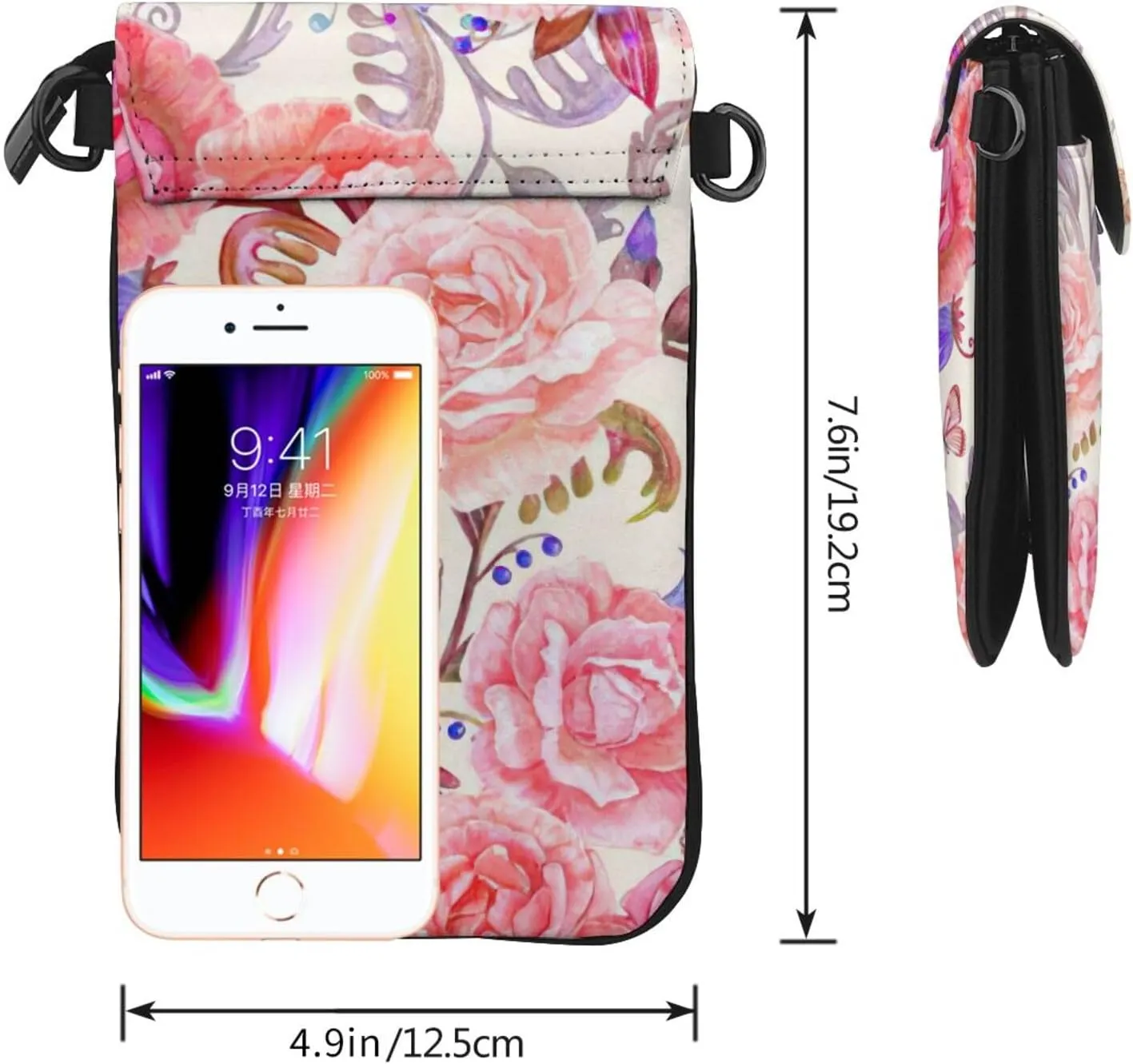 Women PU Leather Kawaii Embroidered Cute Mini Colorful Boho Floral Print Crossbody Cell phone Bag/Coin Purse