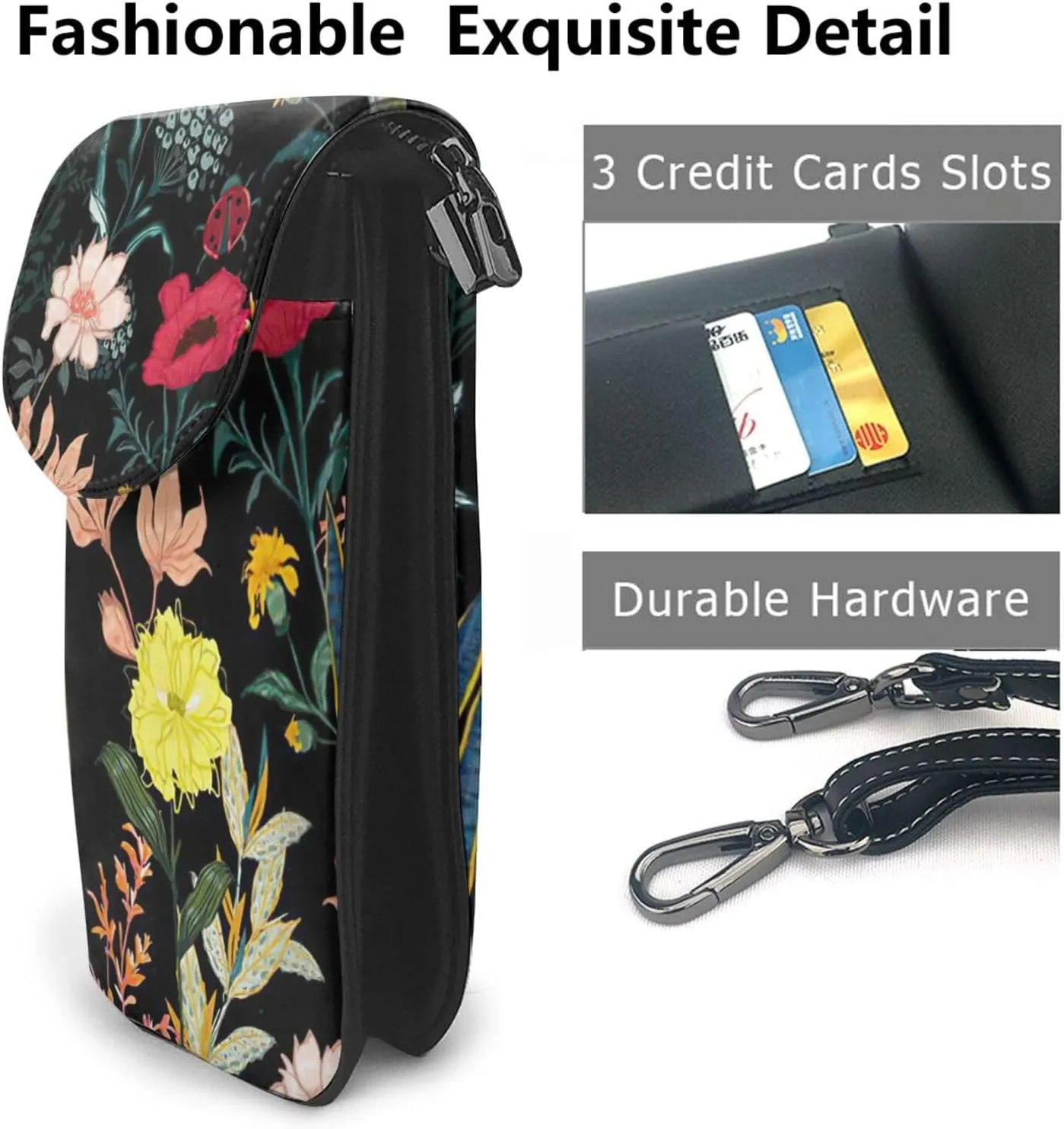 Women PU Leather Kawaii Embroidered Cute Mini Colorful Boho Floral Print Crossbody Cell phone Bag/Coin Purse