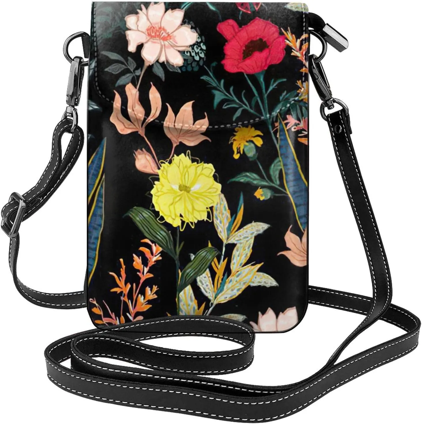 Women PU Leather Kawaii Embroidered Cute Mini Colorful Boho Floral Print Crossbody Cell phone Bag/Coin Purse