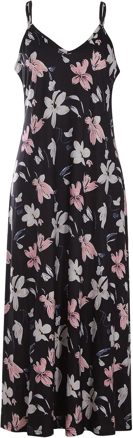 Women Spaghetti Strap Vintage Maxi Dresses Boho Floral Print Sun Dresses Loose Fit Casual Beach Dress