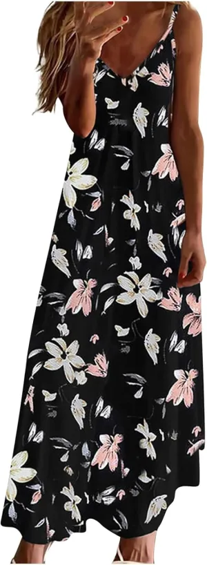 Women Spaghetti Strap Vintage Maxi Dresses Boho Floral Print Sun Dresses Loose Fit Casual Beach Dress