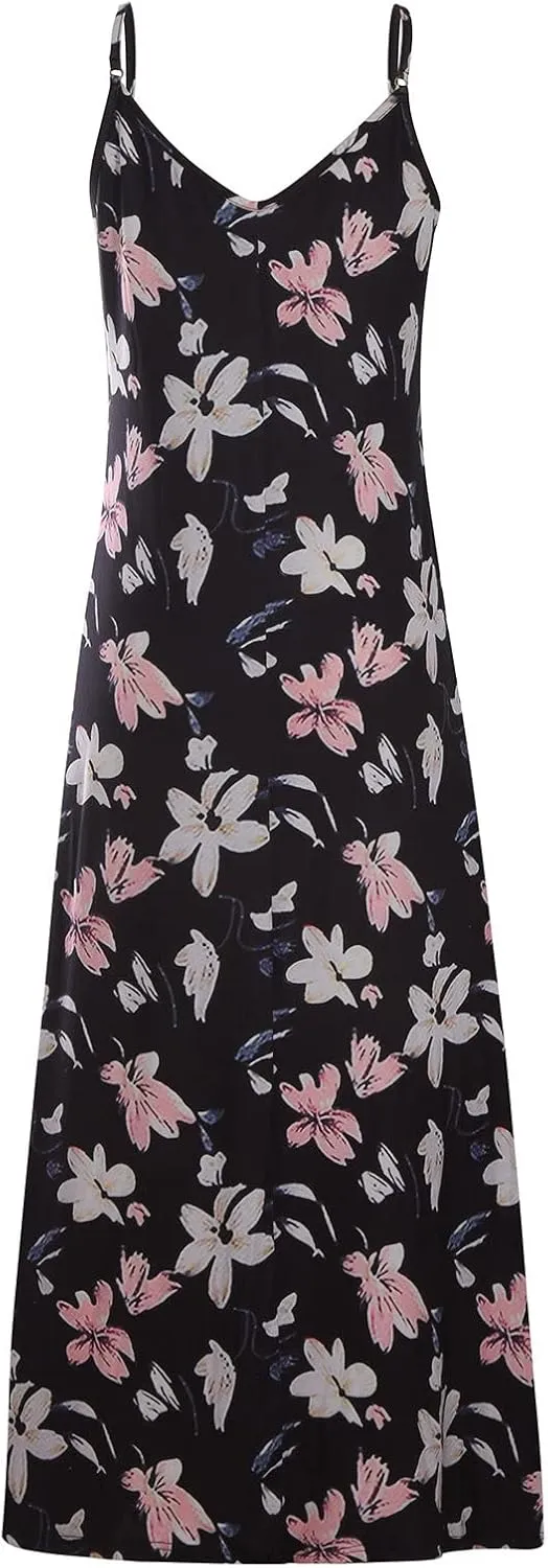 Women Spaghetti Strap Vintage Maxi Dresses Boho Floral Print Sun Dresses Loose Fit Casual Beach Dress
