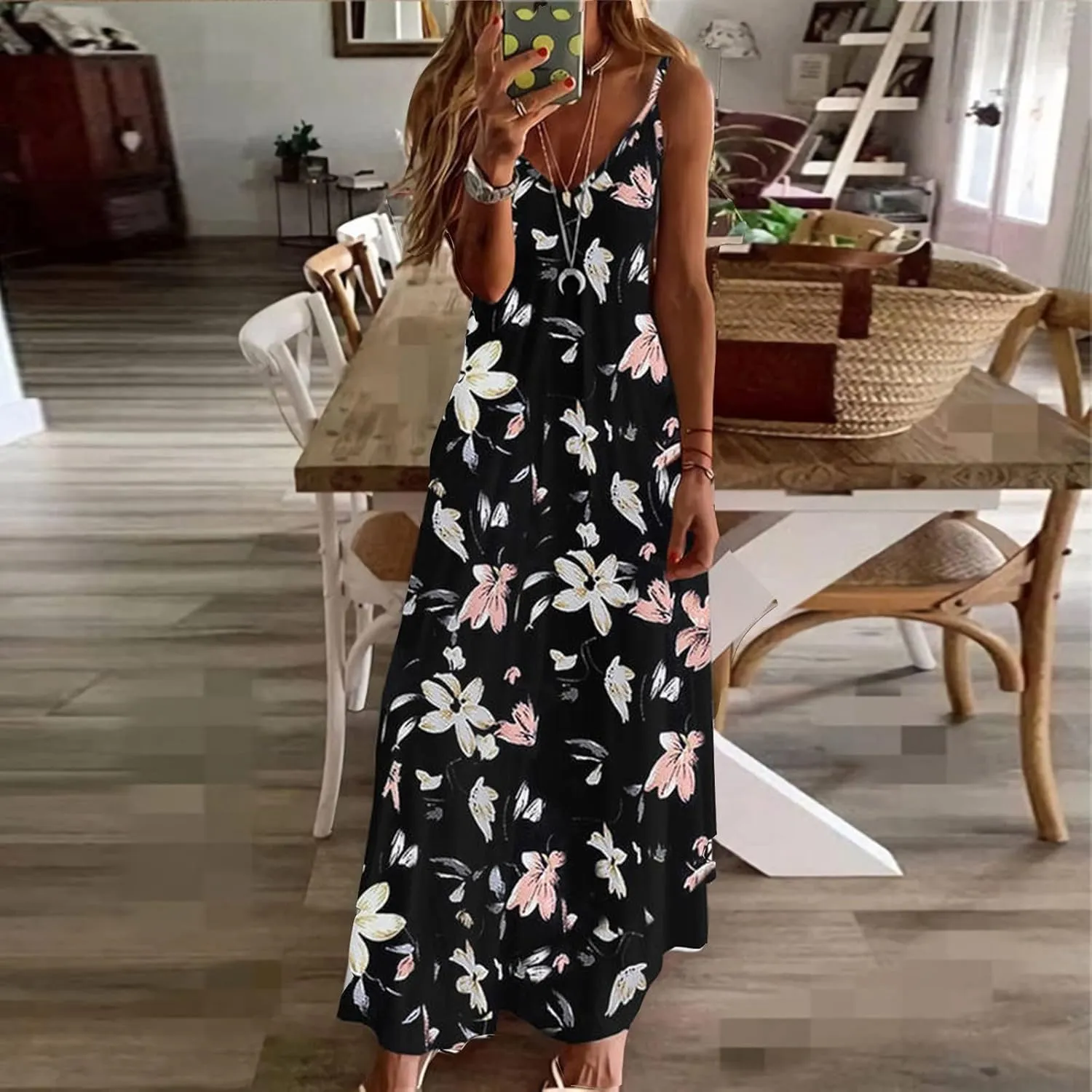 Women Spaghetti Strap Vintage Maxi Dresses Boho Floral Print Sun Dresses Loose Fit Casual Beach Dress