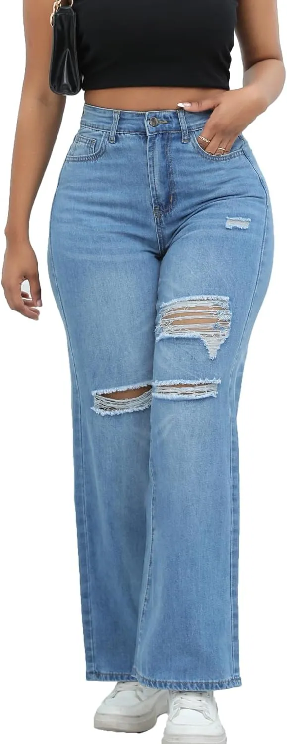 Women Stretchy Distressed Wide Leg Jeans Ripped Mom Baggy Straight Boyfriend Trendy Trouser Denim Pants for Women